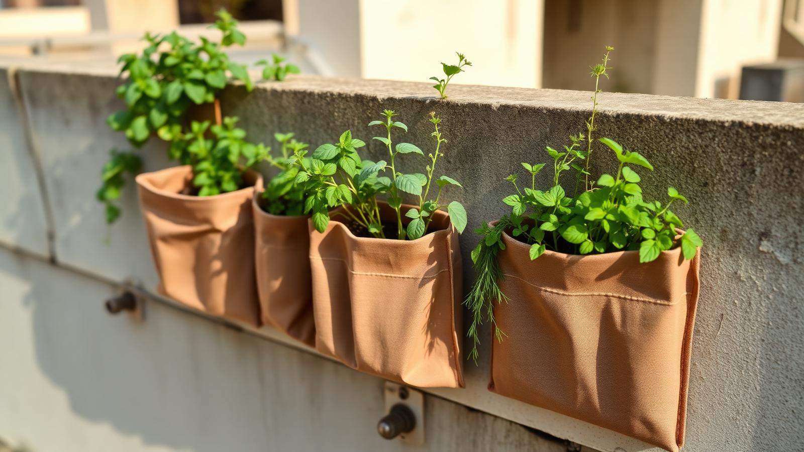 Wall-mounted fabric pocket planters with mint, basil and oregano on a parapet
