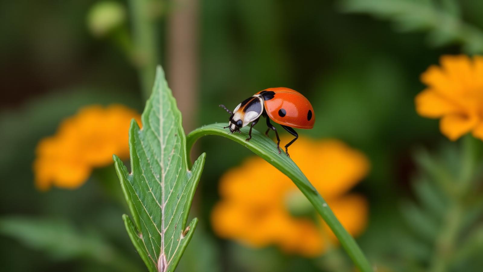 Red ladybug hunting aphids on a leaf with marigold companion flowers in the background