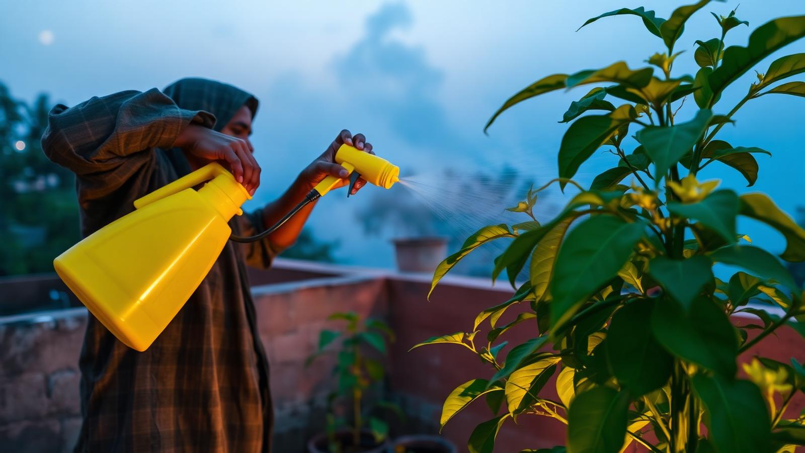 Gardener spraying neem-oil solution onto pepper plant leaves at dusk on an Indian rooftop