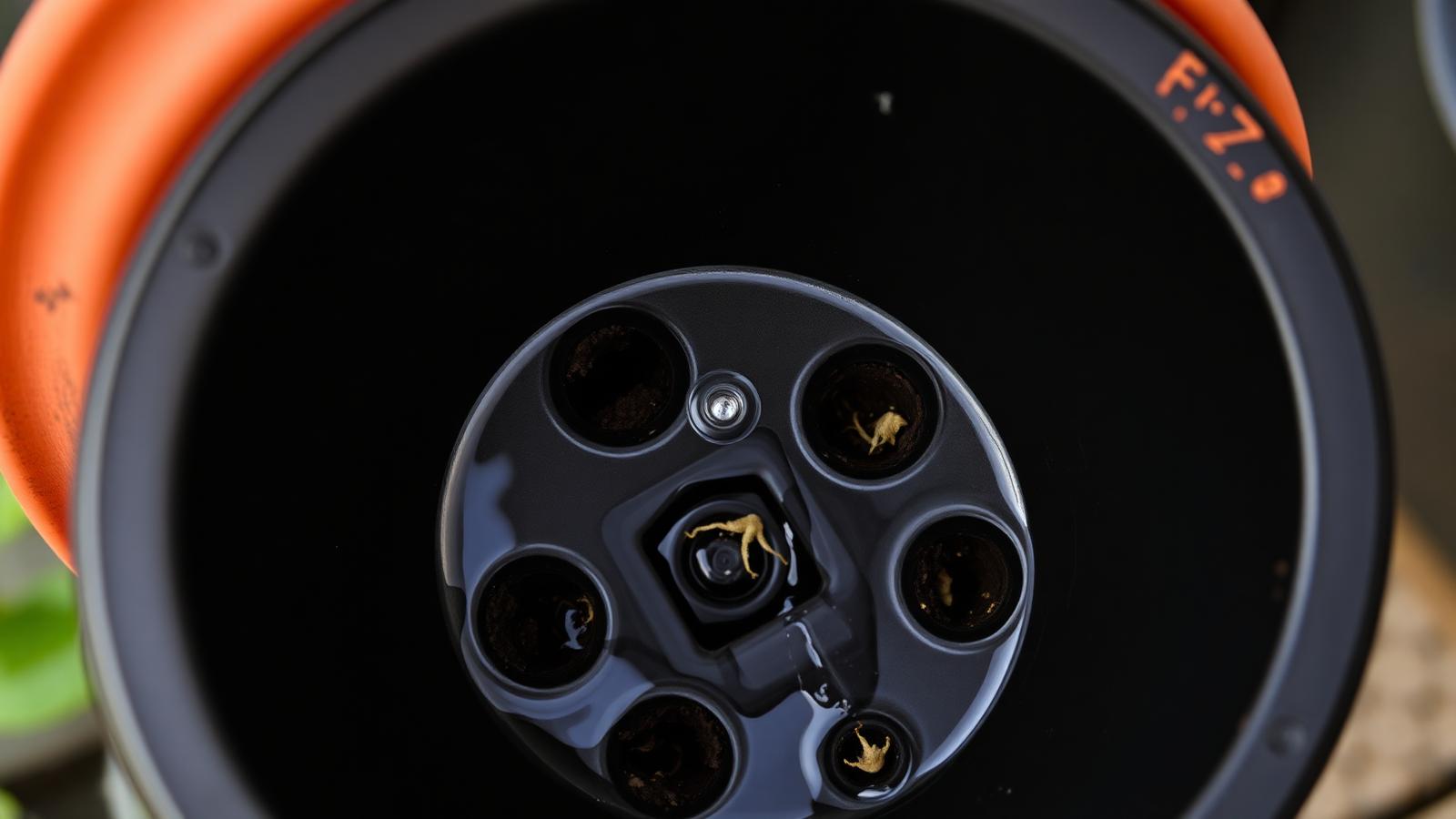 Bottom of a plastic plant pot showing six drainage holes with water draining onto a saucer