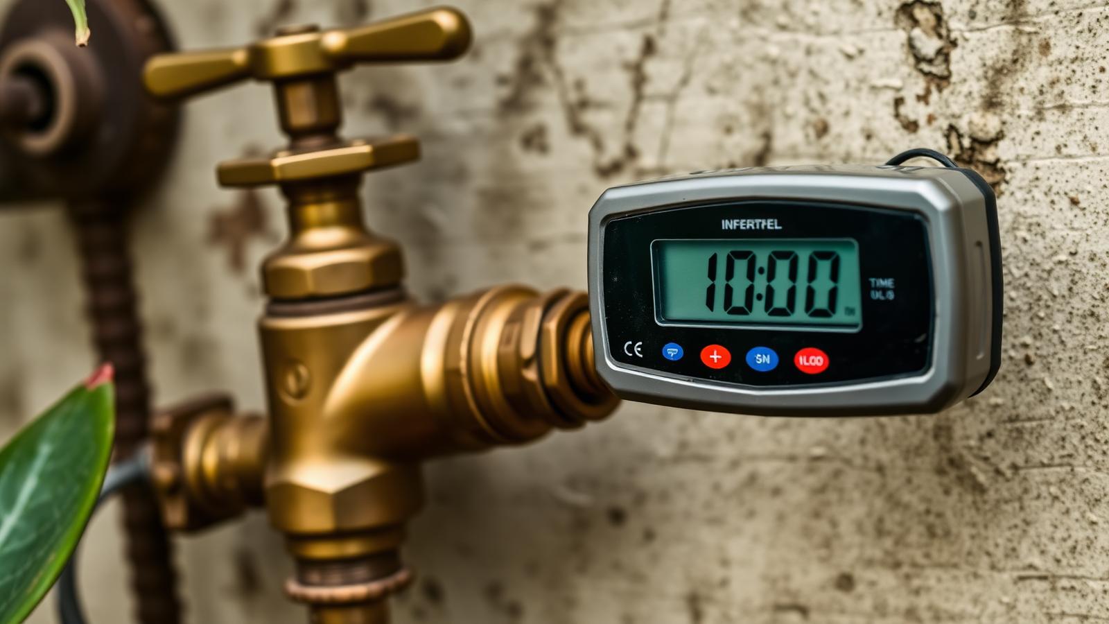 Battery-operated drip irrigation timer attached to a brass garden tap