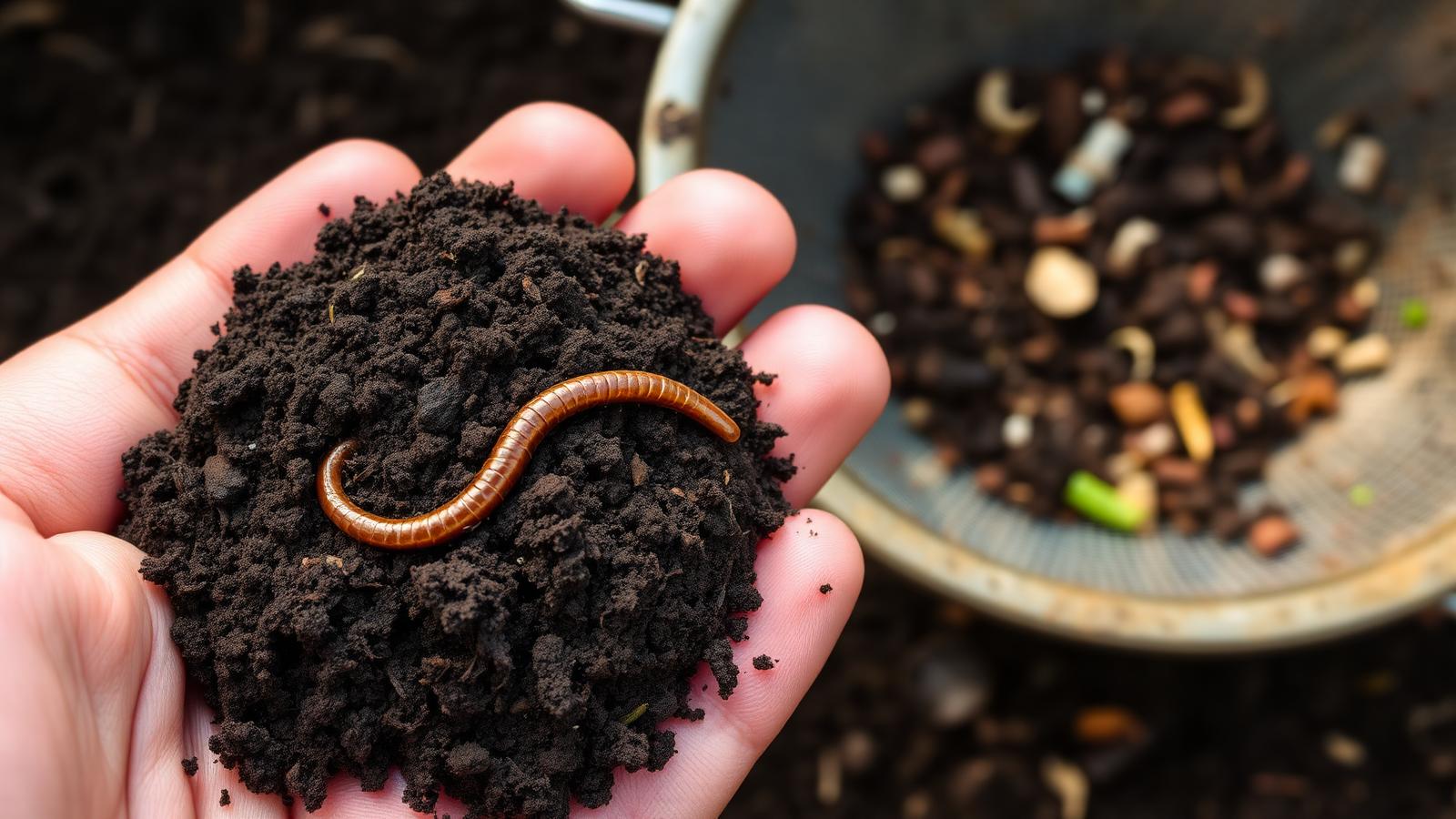 Hand holding finished dark compost with an earthworm and a sieve in the background