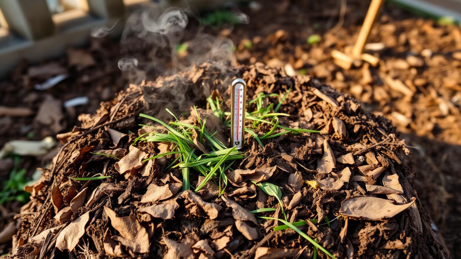 Steaming hot compost pile with thermometer reading high temperature, brown and green layers