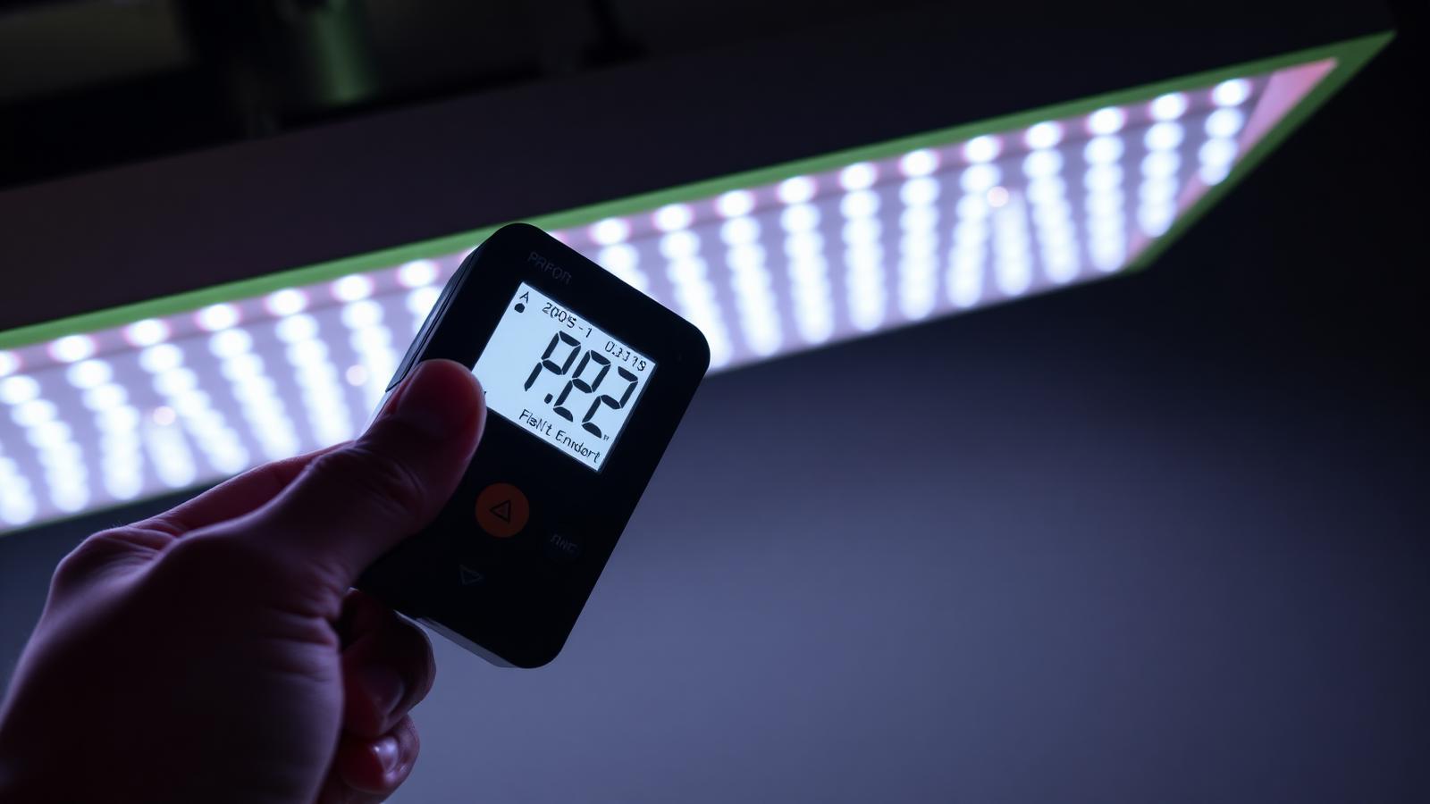 Hand holding a PAR meter under a full-spectrum LED grow panel showing PPFD reading