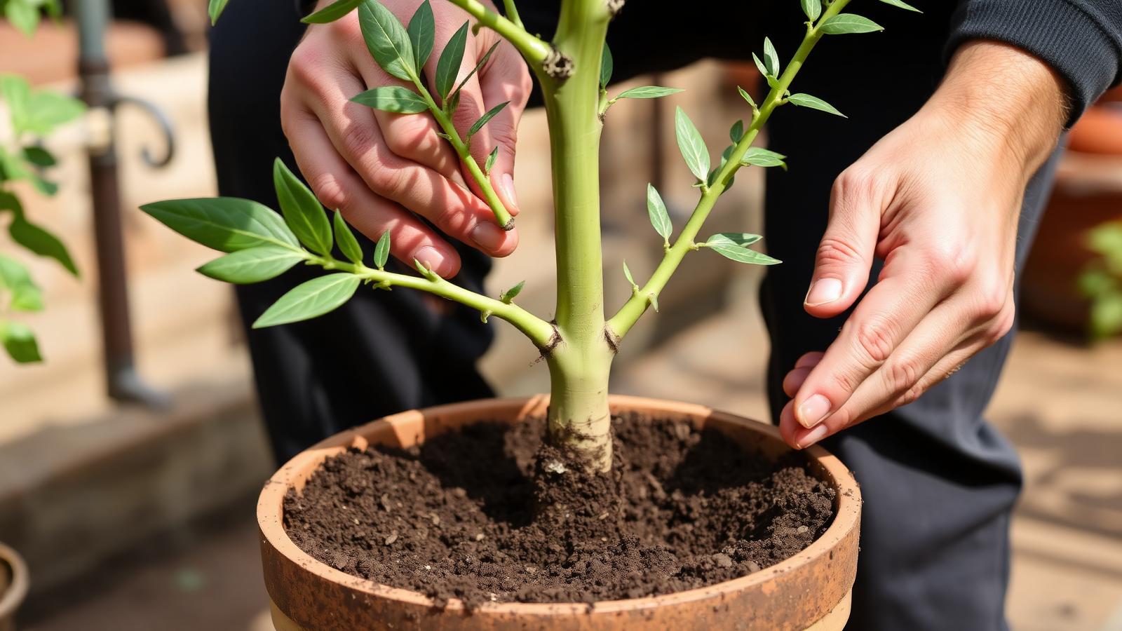 Moringa cutting being planted into a 50-litre terracotta pot on a terrace