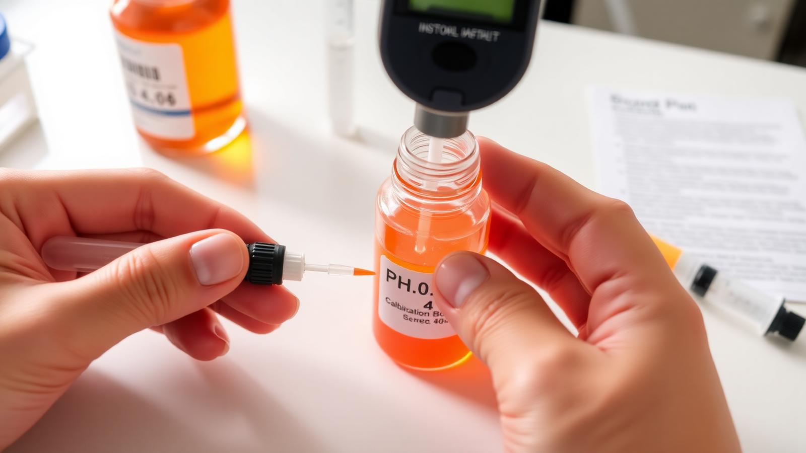 Hands calibrating a pH meter inside an orange pH 4.0 calibration buffer solution