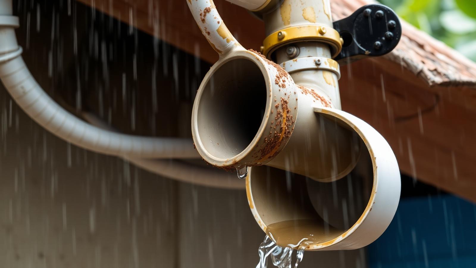 PVC first-flush diverter on a rooftop downpipe during monsoon rain