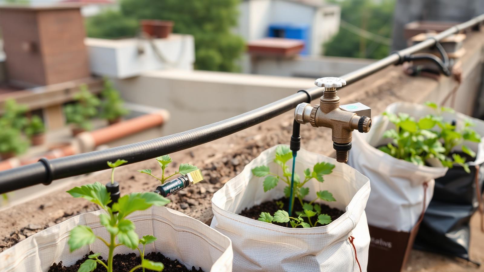 Battery-timer drip irrigation kit installed on rooftop grow bags