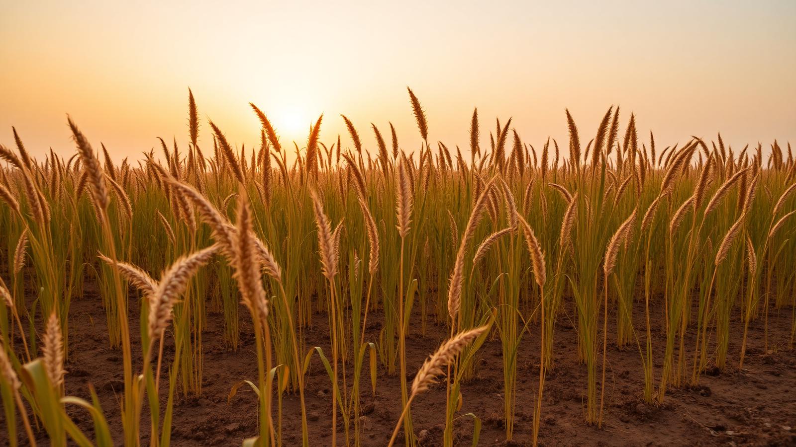 Bajra pearl millet field at sunset in Rajasthan with drought-tolerant grain heads