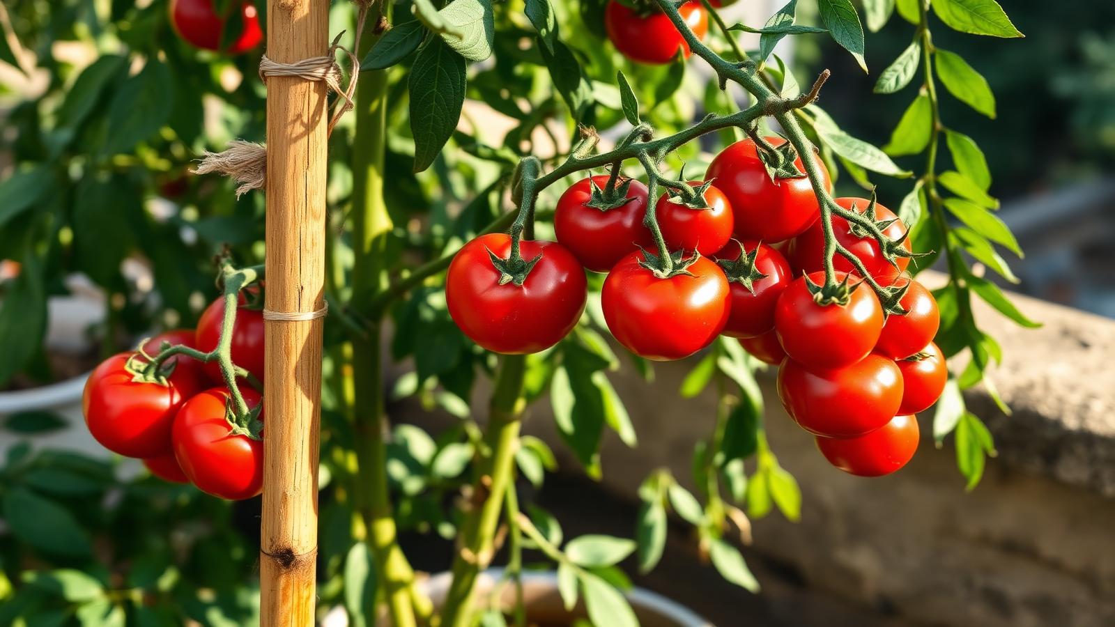 Ripe Pusa Ruby tomatoes hanging in clusters on a staked plant in a 15-litre grow bag