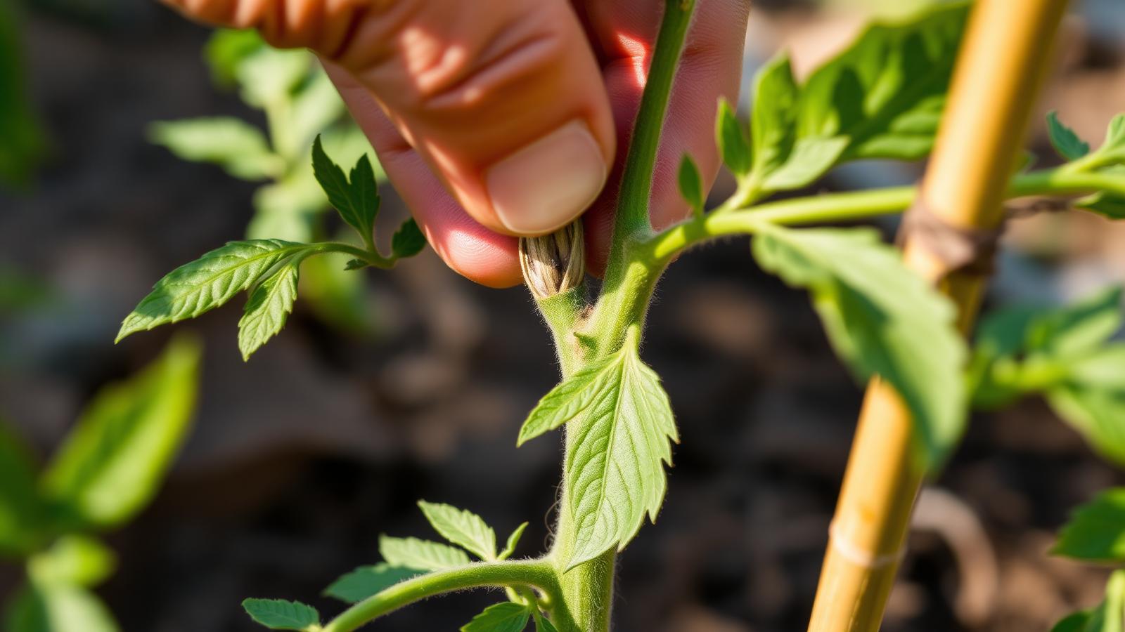 Gardener pinching a sucker shoot between the main stem and a leaf of a tomato plant