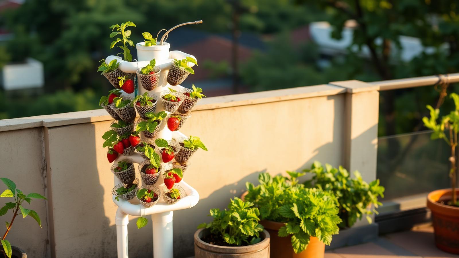 Finished DIY 5-foot PVC tower garden with mature basil, mint, strawberry and lettuce on an Indian terrace