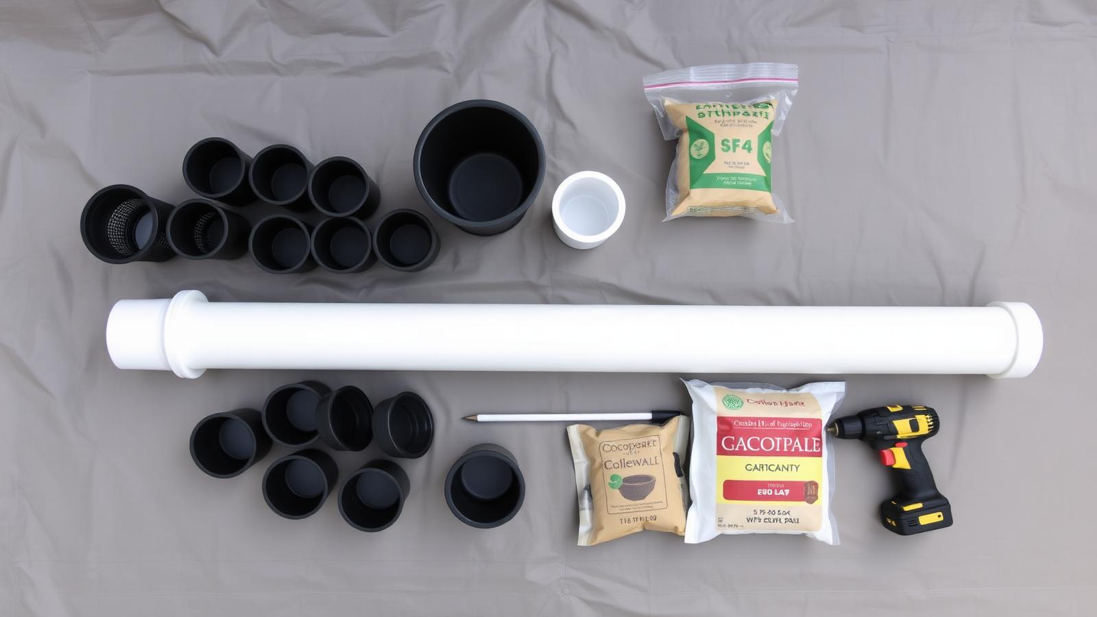 Flat lay of PVC tower garden materials: pipe, net cups, hole saw, drill, cocopeat and perlite
